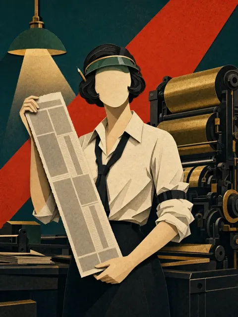 Vera Byline, a cut-paper editor with a green visor
