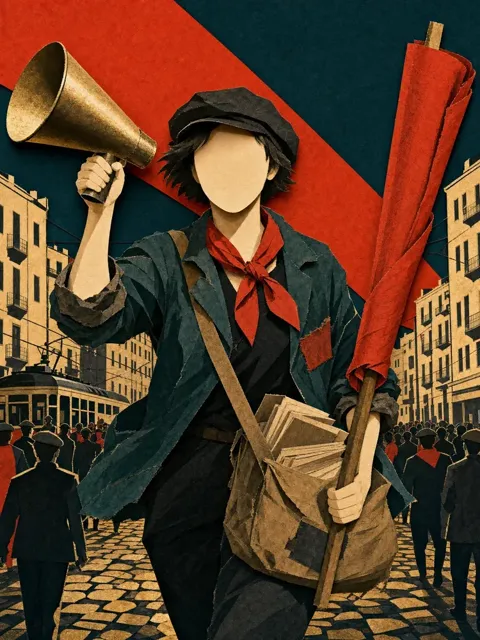 Nell Picket, a cut-paper organiser with a megaphone