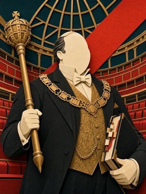 Barnaby Quorum, a cut-paper speaker of parliament with a mace
