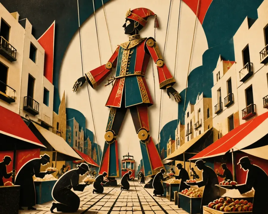 Blame Foreign Agents: a giant painted puppet on strings towering over a market street, shoppers bowing beneath it