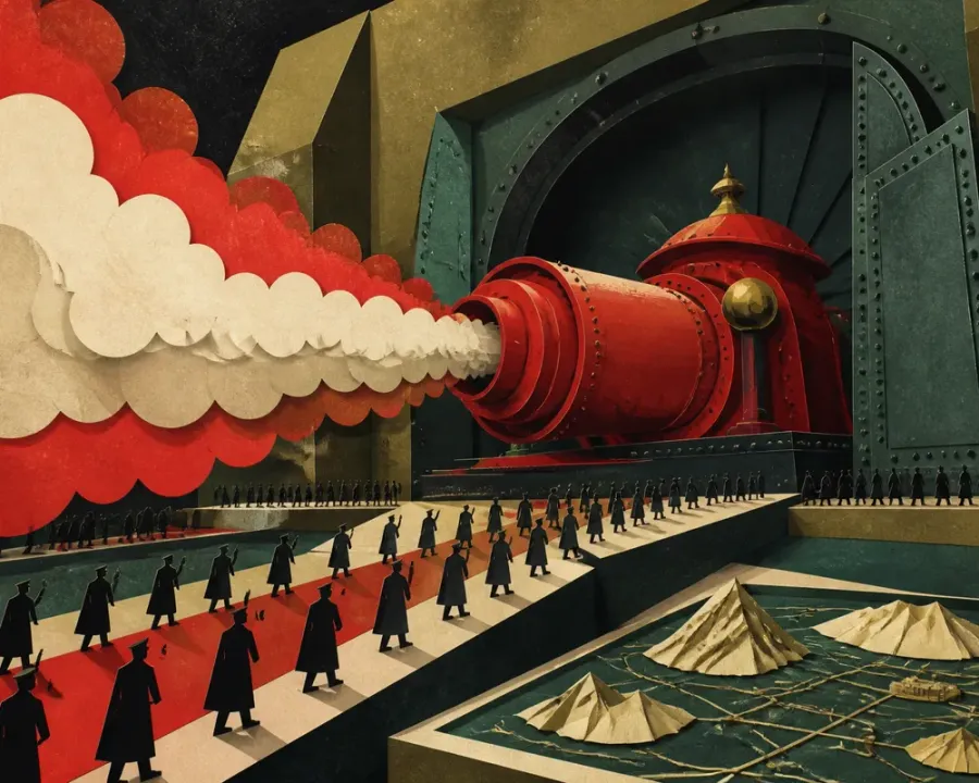 Fabricate Emergency Threat: a red smoke machine pumping clouds over a war-room map, officers filing past