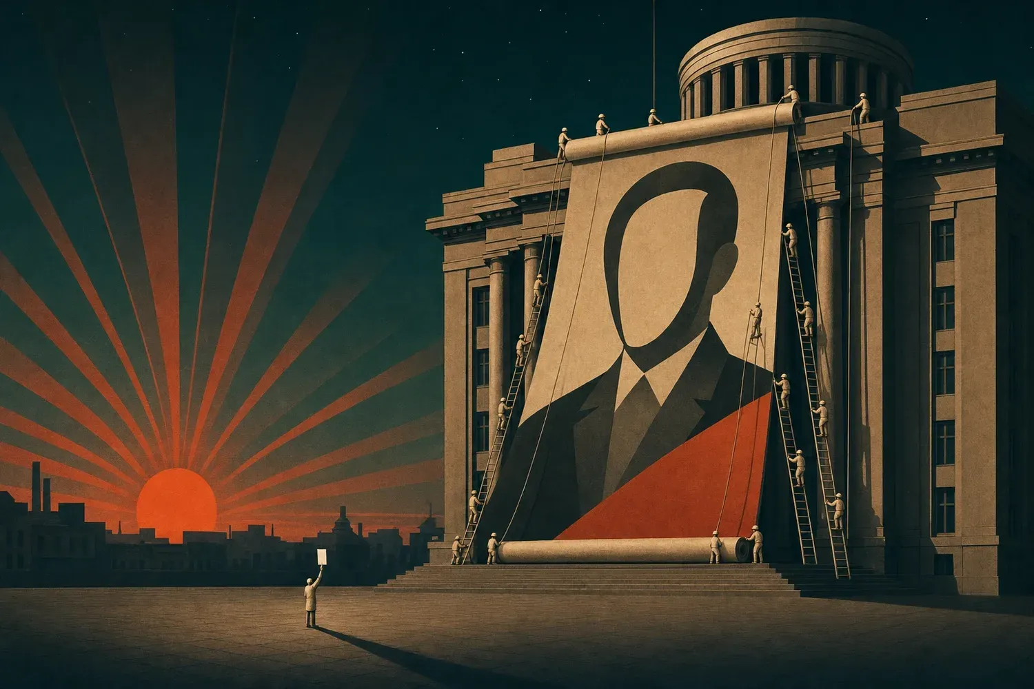 The leader's faceless portrait unrolled down the front of parliament by workers on ladders, while one small figure in the empty square holds up a single ballot