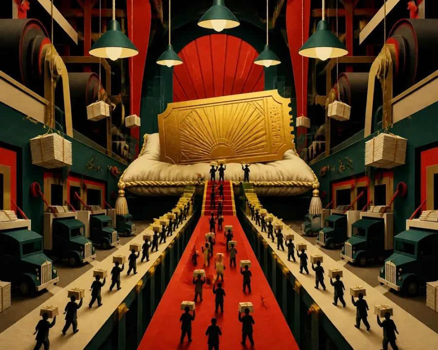 Sell Government Positions: a gilded ticket on a velvet cushion, a red carpet of figures carrying boxes towards it