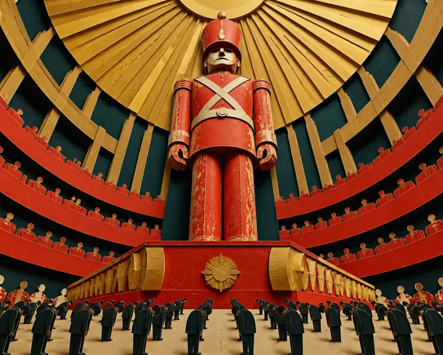 Start Foreign War: a towering red toy soldier on a pedestal in the chamber, rows of tiny soldiers below
