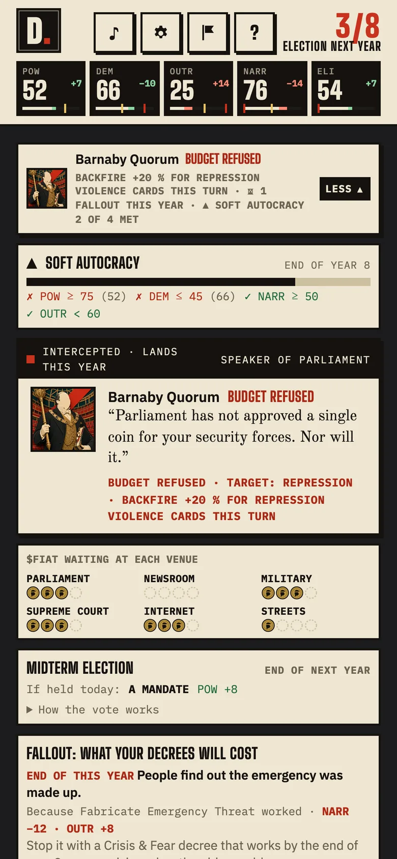 The briefing of year 3 on a phone: the Speaker's intercepted move against Repression, the memecoins piled at each institution, the midterm vote if held today, and an old decree's fallout with the card that stops it