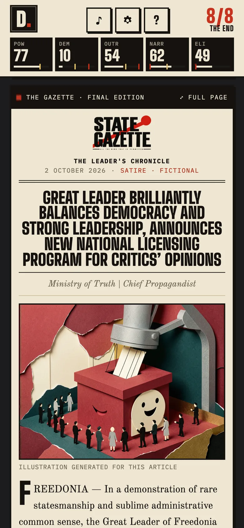 The State Gazette's front page at the end of a game: a satirical headline and a cut-paper illustration of a smiling ballot box under a giant press