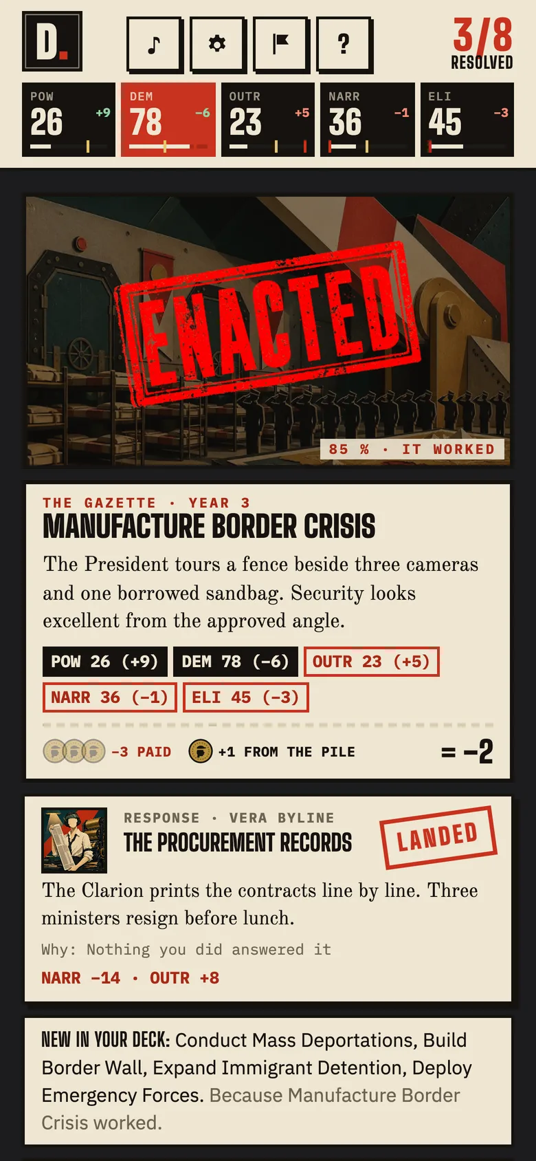 The result of year 3 on a phone: Manufacture Border Crisis stamped ENACTED, the Gazette's headline, where every stat ended and the memecoins, and the Editor's move stamped LANDED, with why